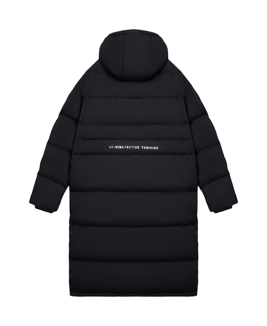 Men's black hooded long puffer jacket, quilted panels, zip front and side pockets