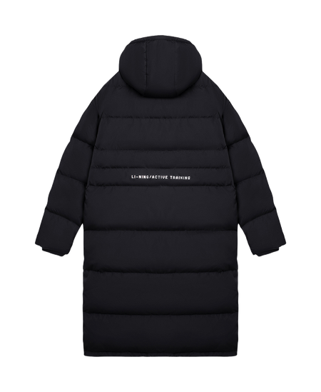 Men's black hooded long puffer jacket, quilted panels, zip front and side pockets