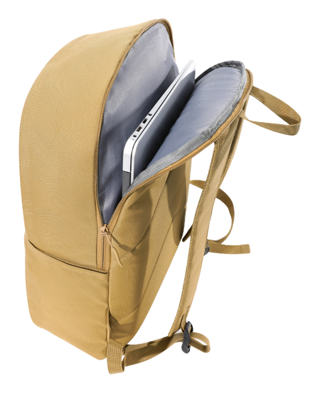 CAMEL 18L outdoor backpack in light tan, open side pocket showing inner compartments