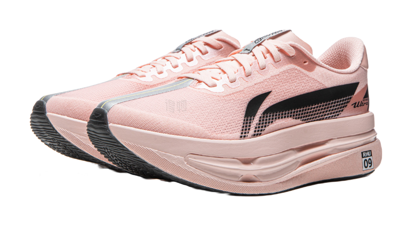 Li Ning women's low-top running shoes, front three-quarter in light pink mesh