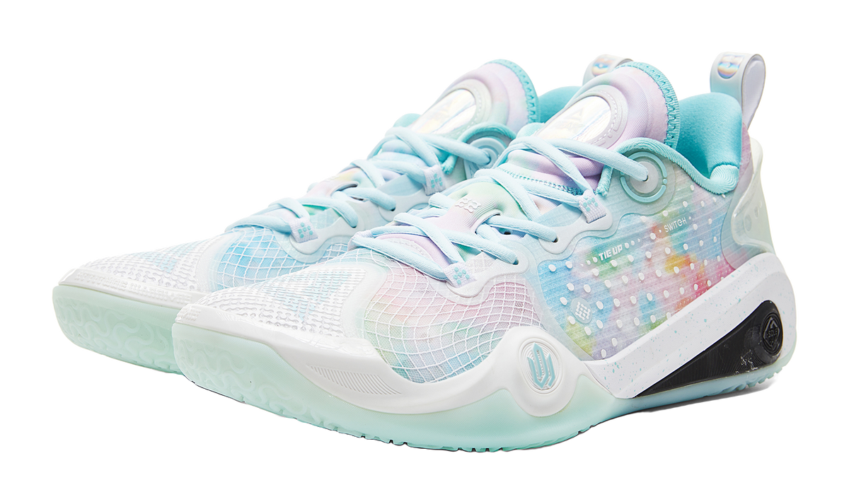 White basketball shoe with light blue and pastel rainbow upper, lace-up front view