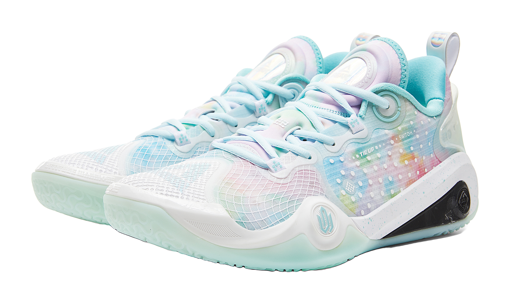 White basketball shoe with light blue and pastel rainbow upper, lace-up front view