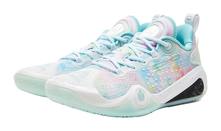 White basketball shoe with light blue and pastel rainbow upper, lace-up front view