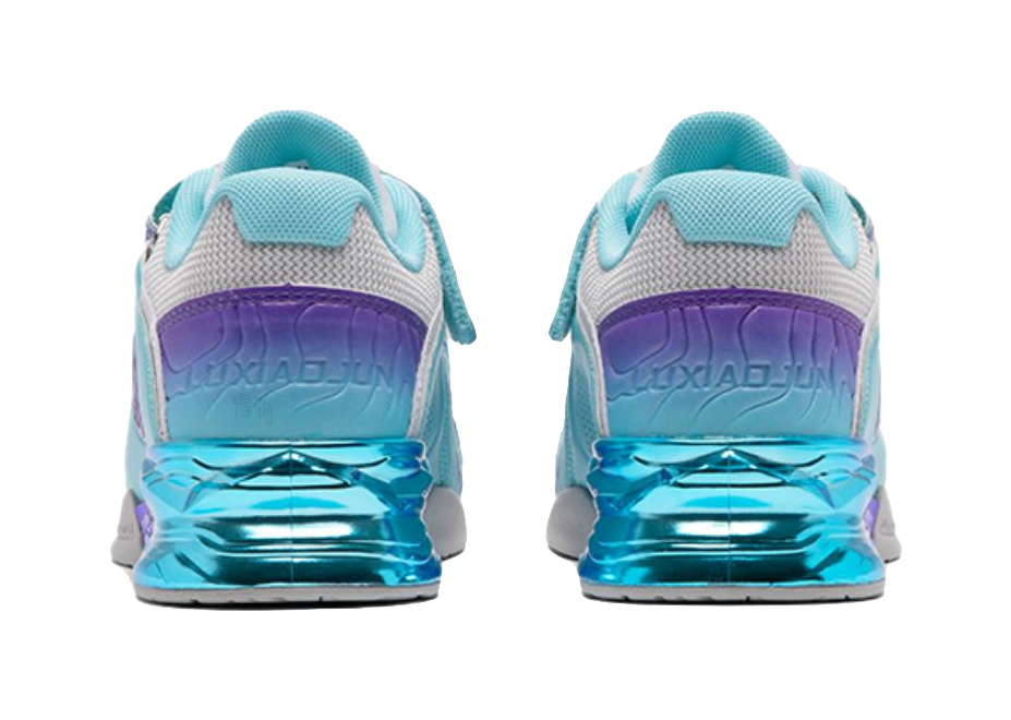 Pair of teal low-top training shoes, back view with reflective blue heel