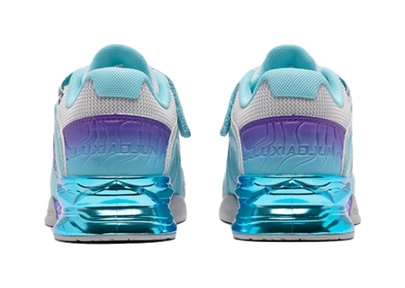 Pair of teal low-top training shoes, back view with reflective blue heel