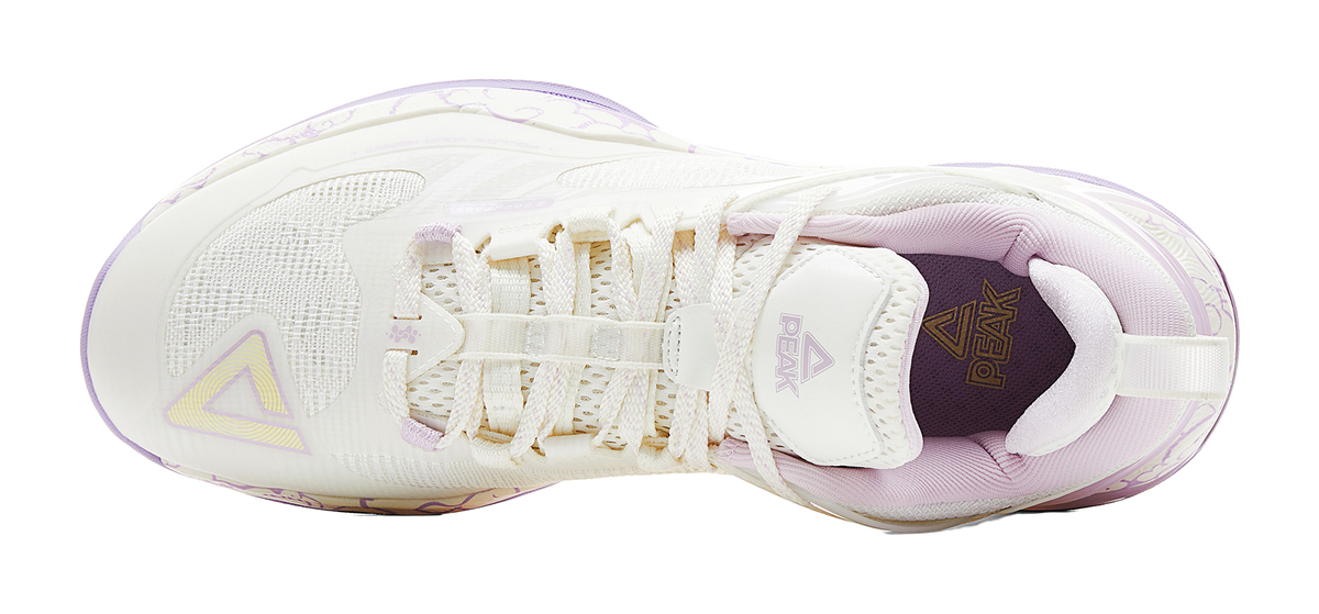 PEAK basketball shoe heel, white tongue and laces with PEAK logo on purple trim