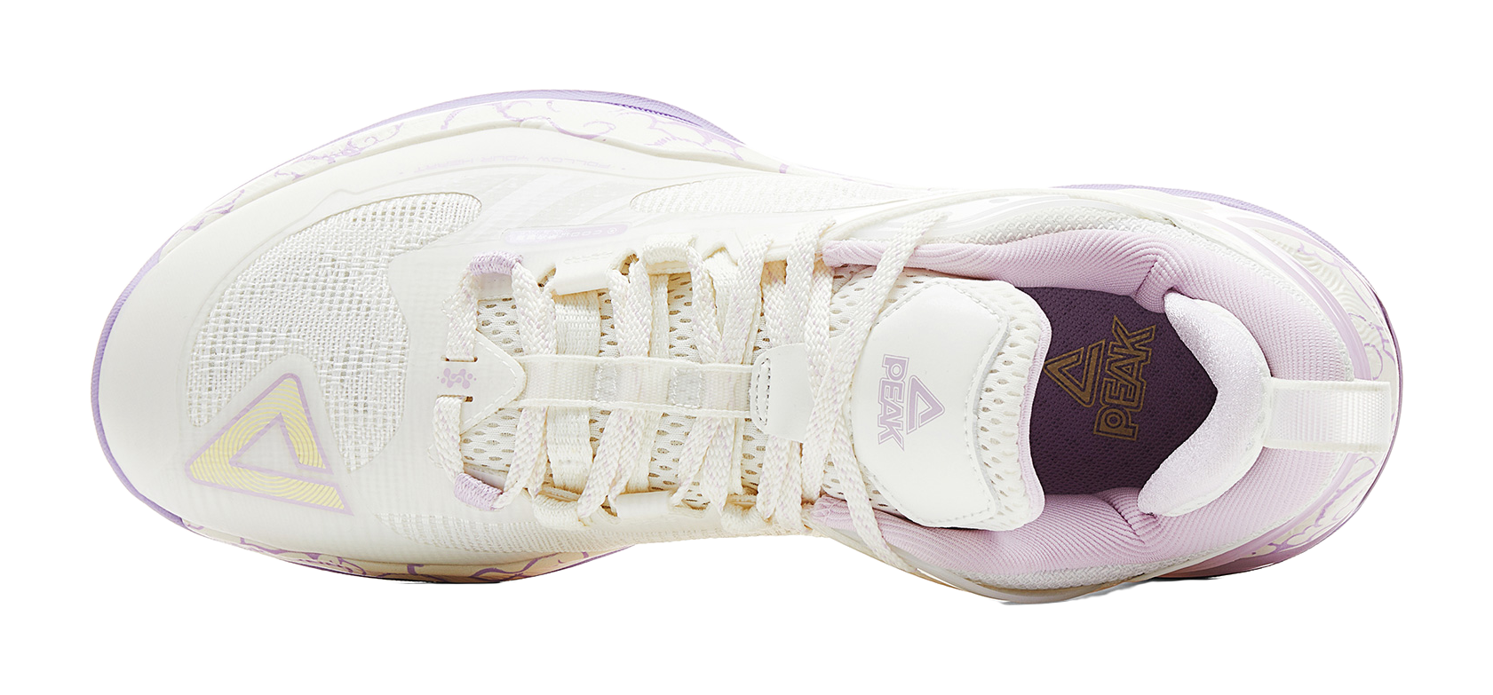 PEAK basketball shoe heel, white tongue and laces with PEAK logo on purple trim