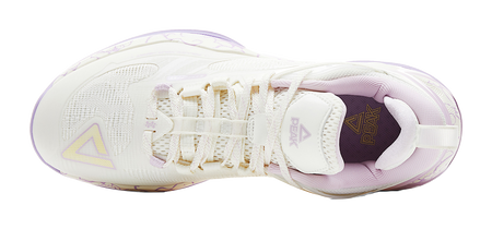 PEAK basketball shoe heel, white tongue and laces with PEAK logo on purple trim