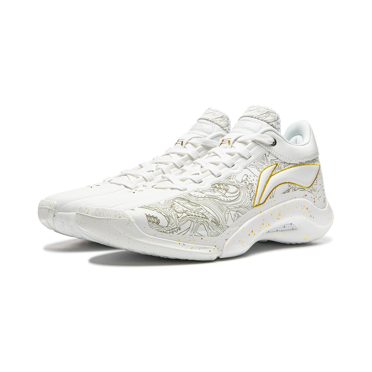 White basketball shoe front/side view with gold emblem, lace-up and decorative lining