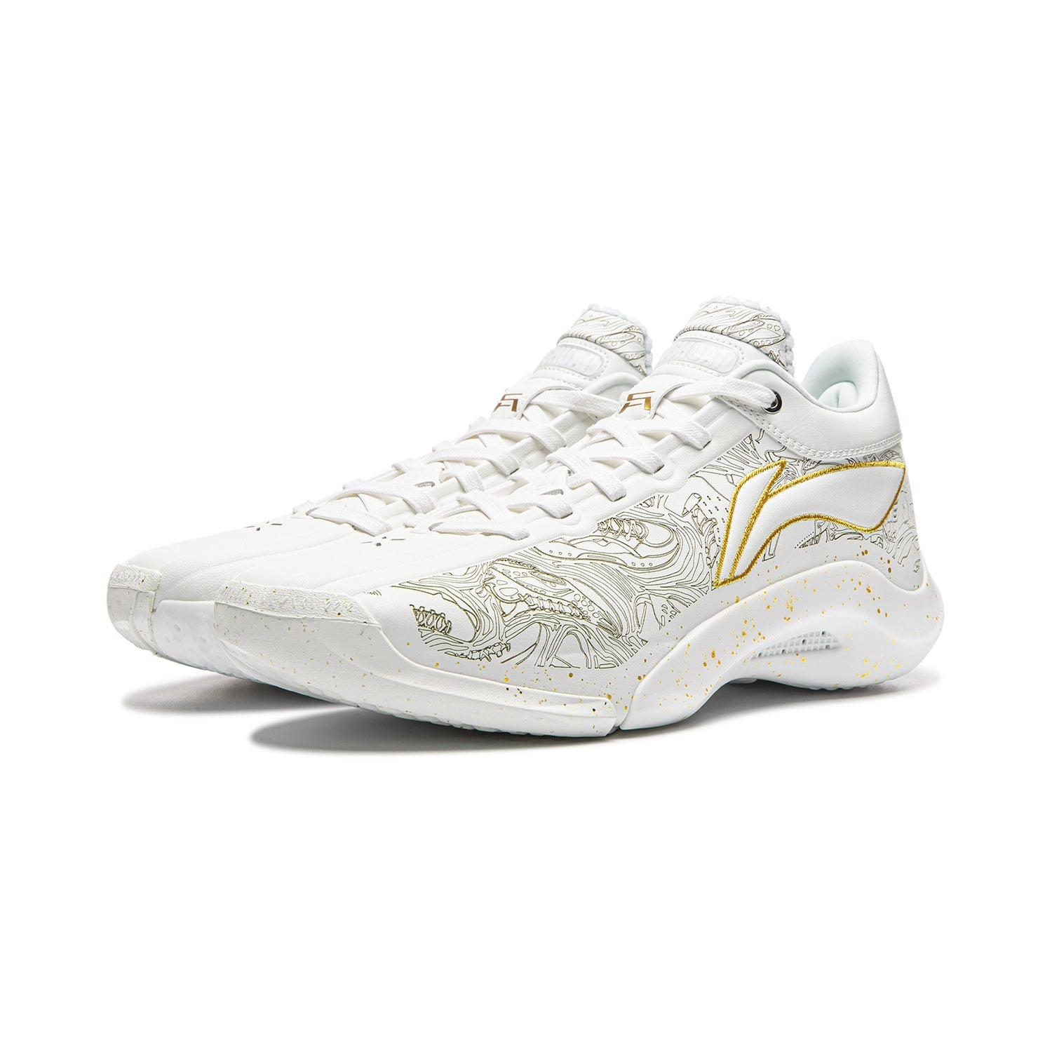 White basketball shoe front/side view with gold emblem, lace-up and decorative lining
