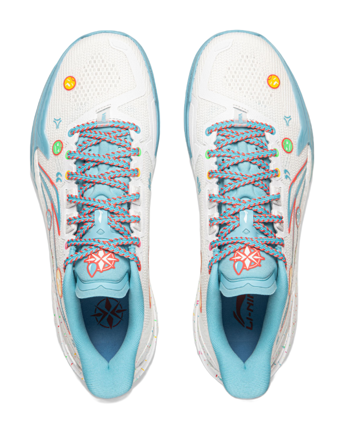 Basketball shoe pair, white uppers with coral laces and light-blue interior lining