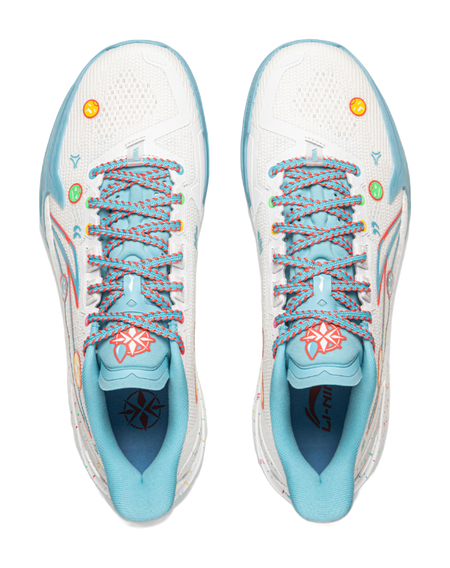 Basketball shoe pair, white uppers with coral laces and light-blue interior lining