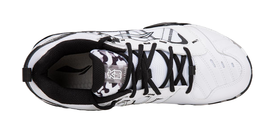 Unisex badminton shoe with white leather-like upper, black laces, and camo tongue panel