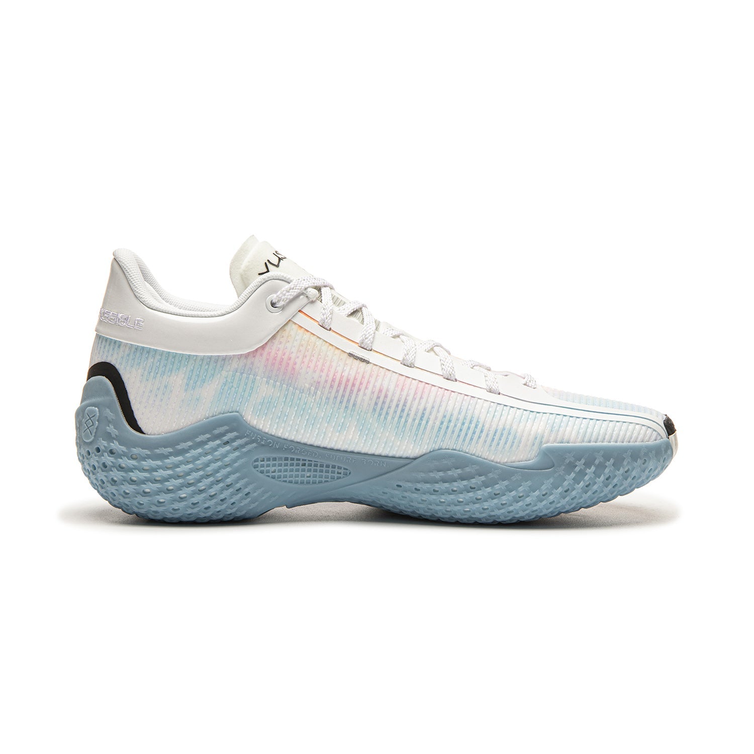 Men's basketball shoes, white upper with pastel blue outsole and black accents