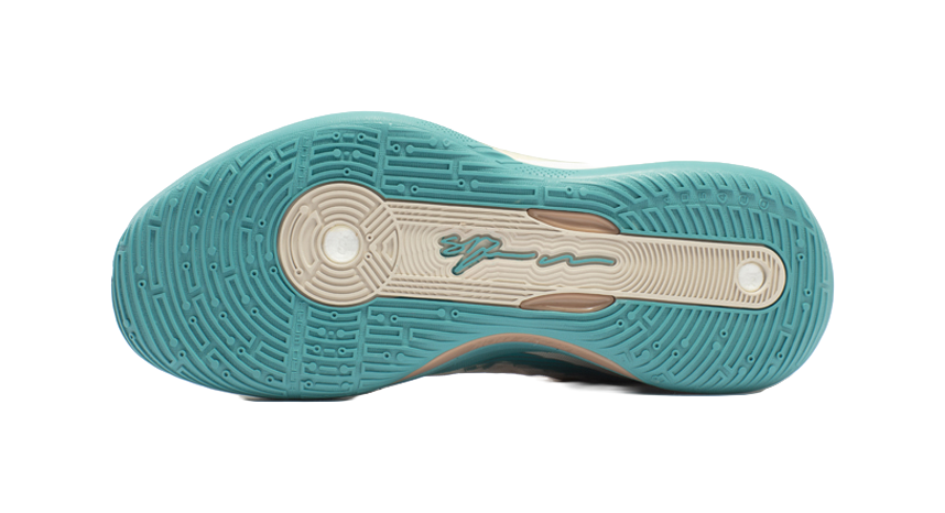 Outsole tread of unisex basketball shoe in teal with logo detail