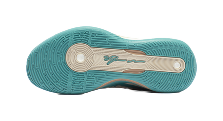 Outsole tread of unisex basketball shoe in teal with logo detail