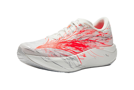 Women's low-top running shoes side view, white mesh with bright red patterns