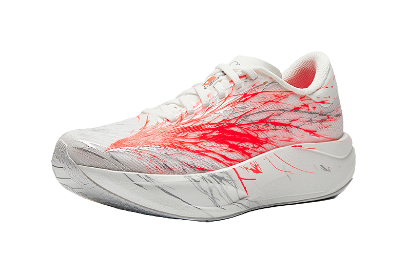 Women's low-top running shoes side view, white mesh with bright red patterns