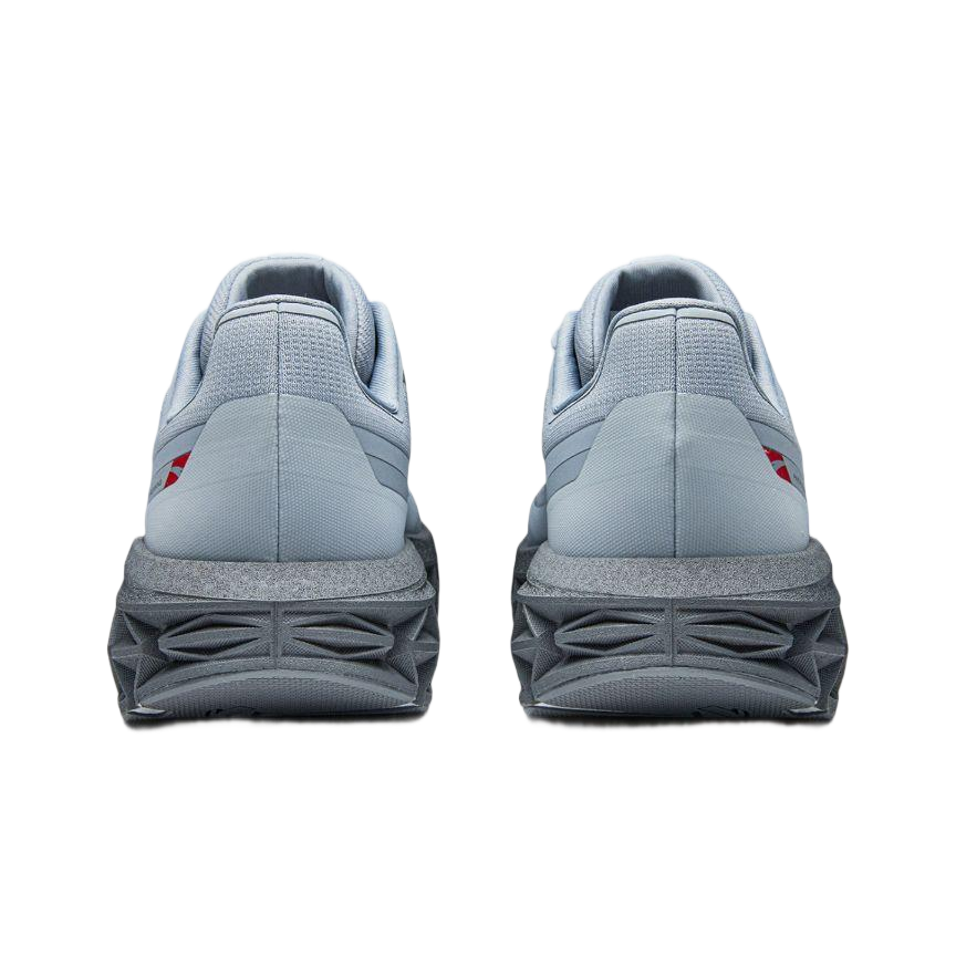 Light blue running shoes, padded heel and rear cushioning detail, lace-up
