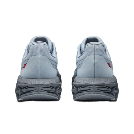 Light blue running shoes, padded heel and rear cushioning detail, lace-up