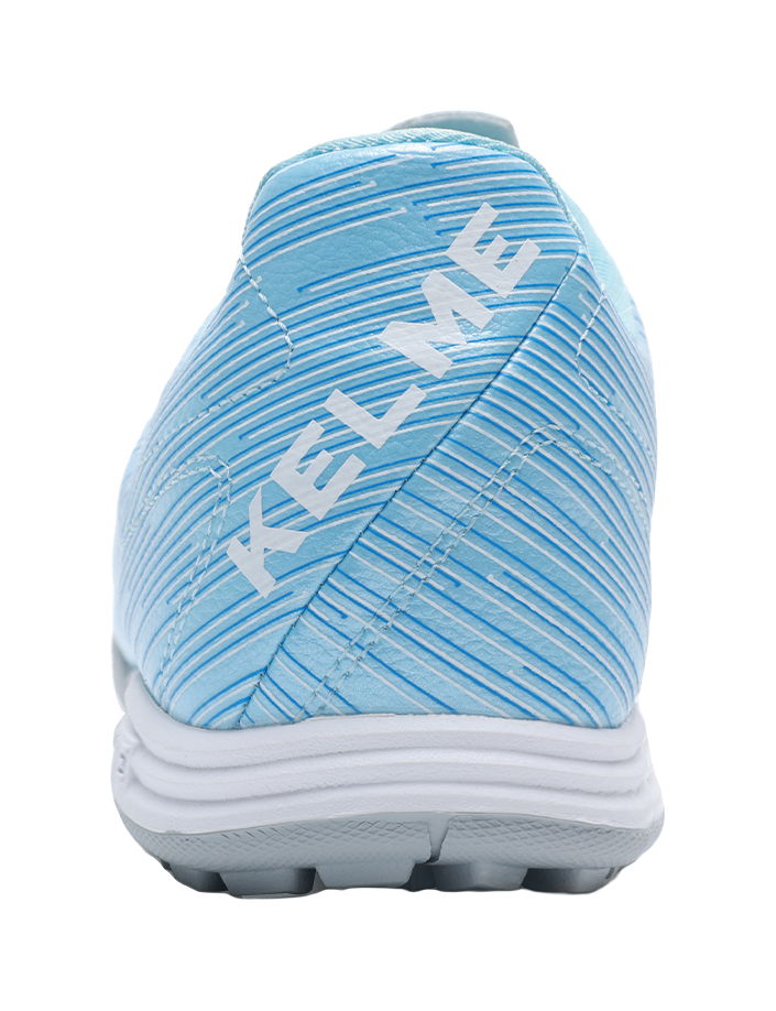 Sky blue unisex TF turf soccer shoe heel view with KELME branding and stripes