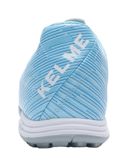 Sky blue unisex TF turf soccer shoe heel view with KELME branding and stripes