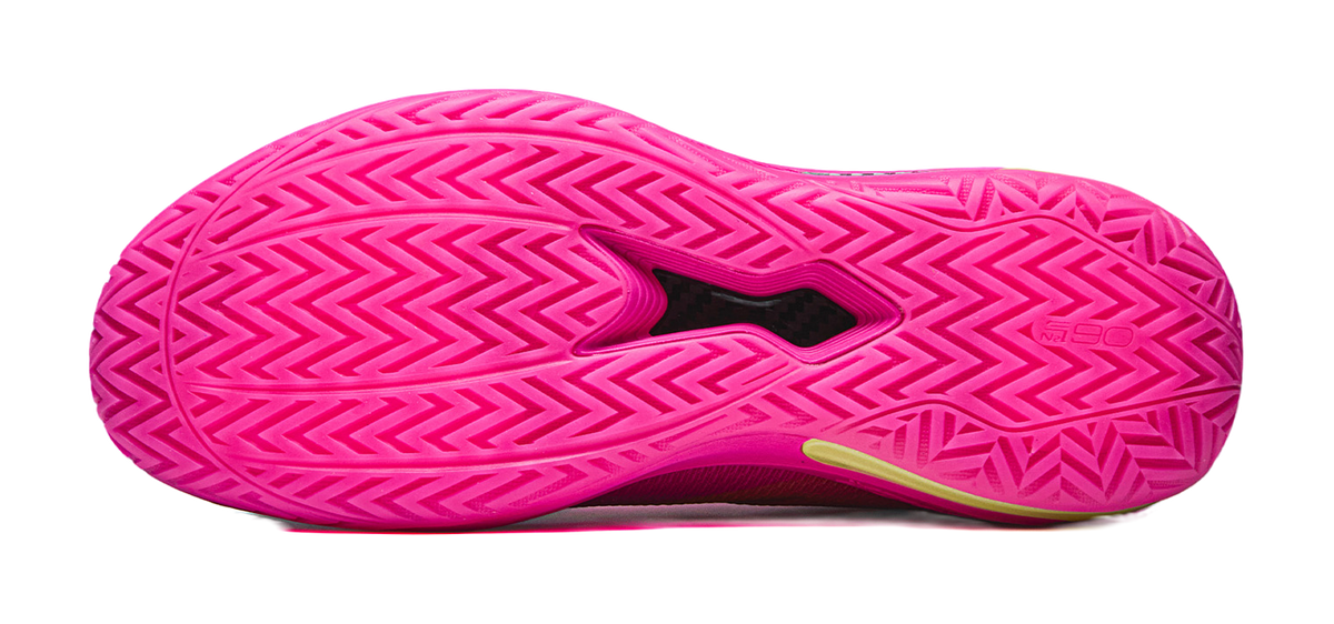 Pink basketball shoe outsole view with zigzag tread pattern