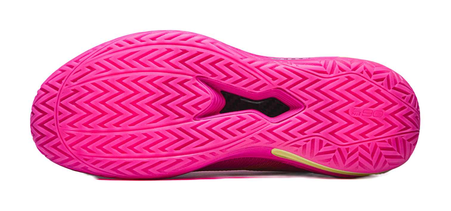 Pink basketball shoe outsole view with zigzag tread pattern