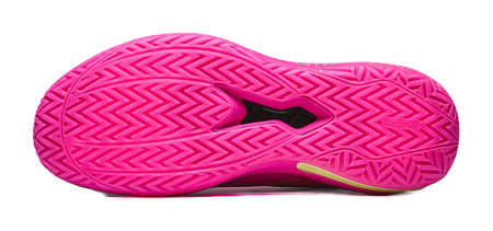 Pink basketball shoe outsole view with zigzag tread pattern