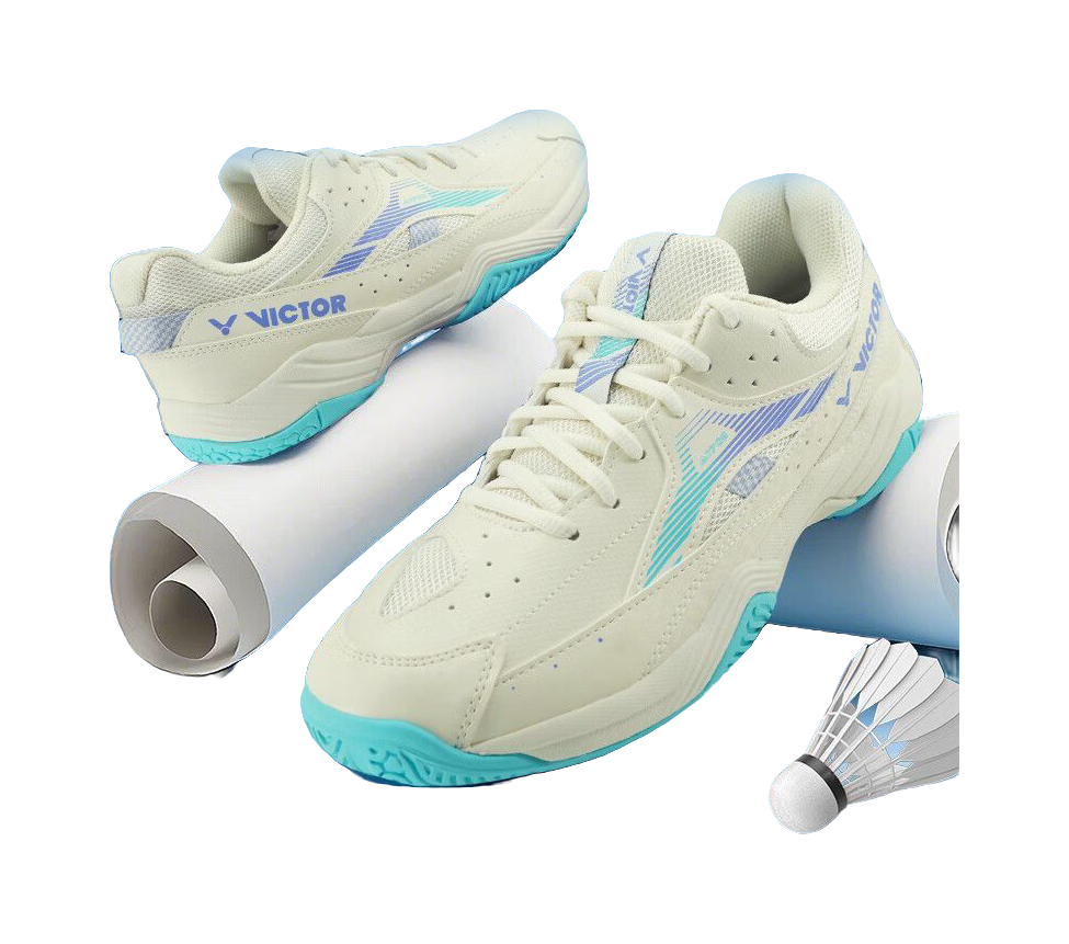 Pair of lace-up badminton shoes, off-white uppers with blue V-stripes and teal sole