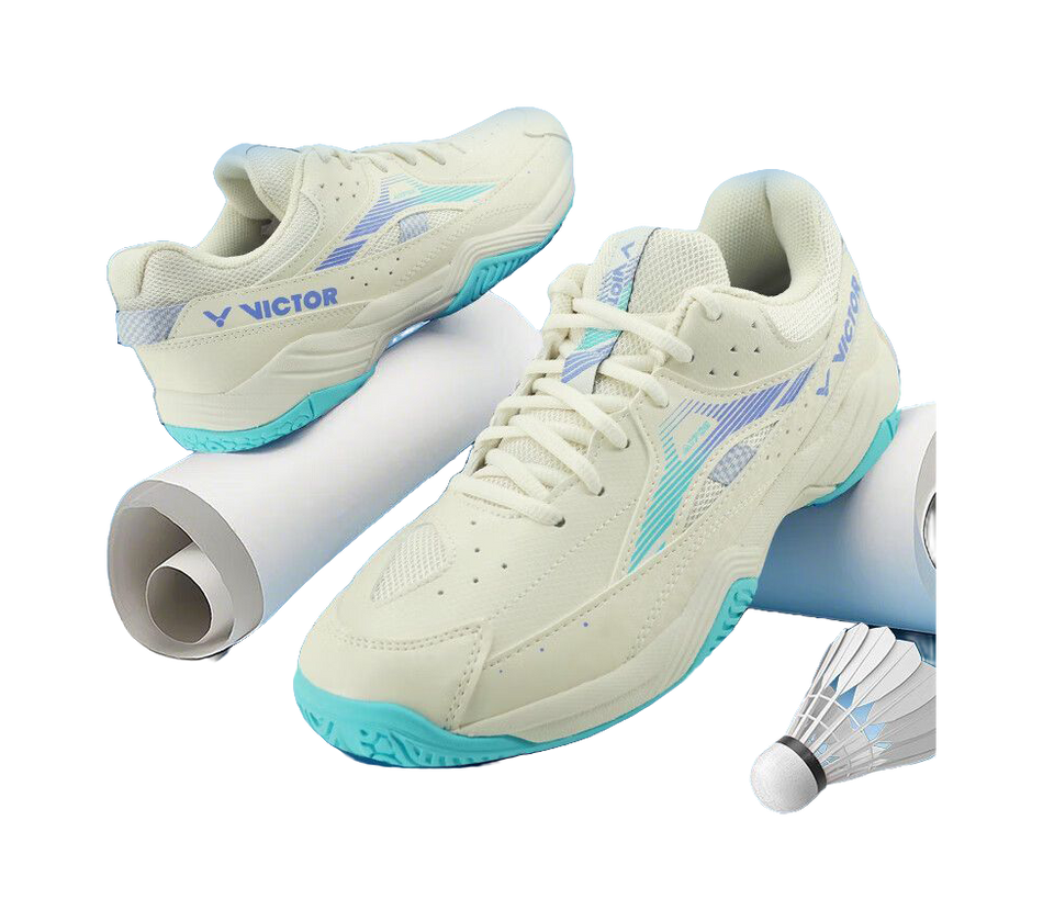 Pair of lace-up badminton shoes, off-white uppers with blue V-stripes and teal sole