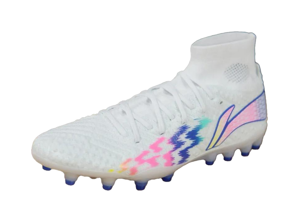 Hi-top soccer cleat, white with blue and pink pattern, lace-up, stud sole