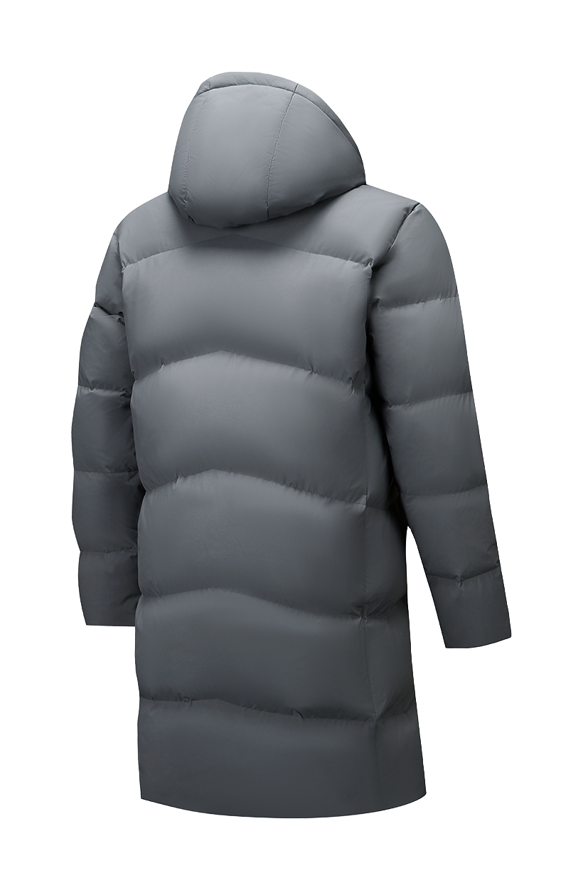 Men's dusty gray puffer down jacket, back view with raised hood