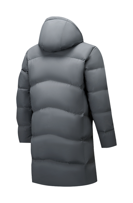 Men's dusty gray puffer down jacket, back view with raised hood