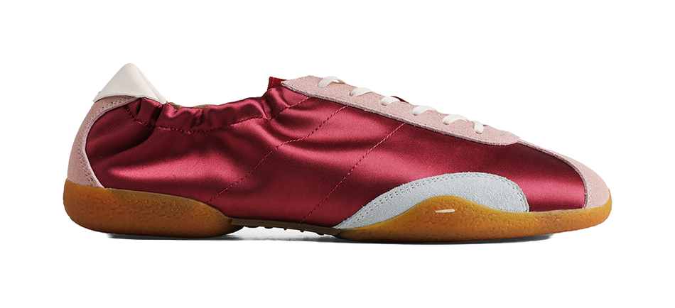 Low-top sneakers, deep red satin upper with gray side panel and gum sole