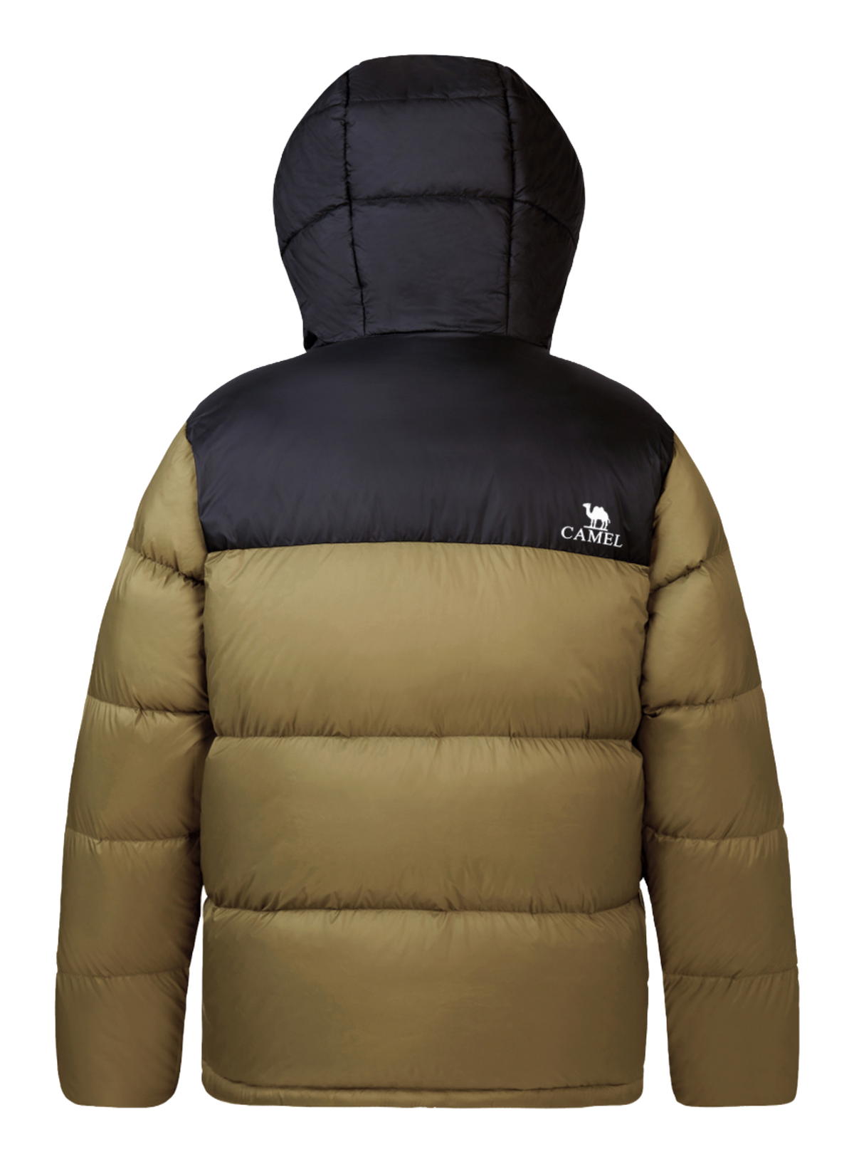 Men's hooded two-tone puffer down jacket in dark olive and black with front zip pockets