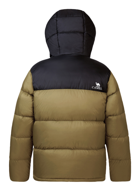 Men's hooded two-tone puffer down jacket in dark olive and black with front zip pockets
