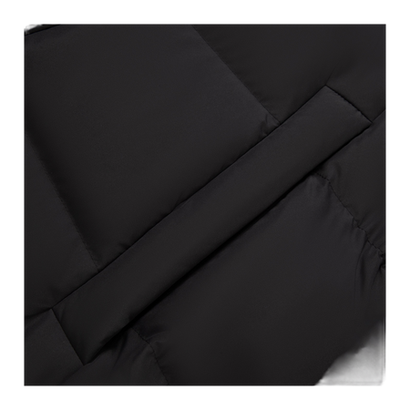 Black quilted down jacket close-up with diagonal seam and padded fabric stitching
