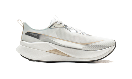 Li-Ning running shoe in white with silver-gray quarter panel and streamlined cushioned sole.