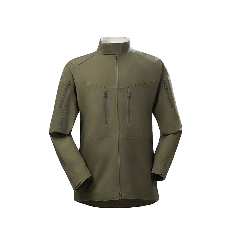 Green tactical jacket with high collar, zip front, and side utility pockets