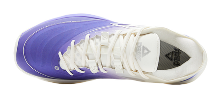 Lightweight basketball shoe side view with white laces and purple knit upper