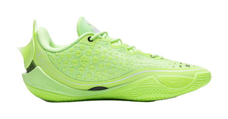 Fluorescent ice green low basketball shoe, side view with lace-up knit upper