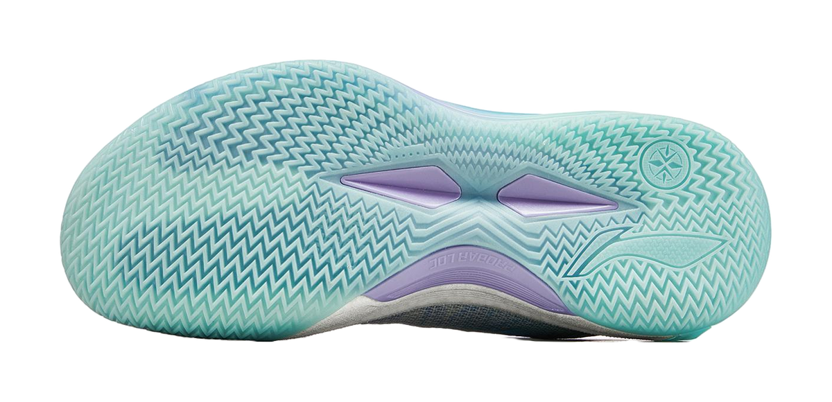 Outsole of light blue and teal low-top basketball shoe with zigzag traction pattern