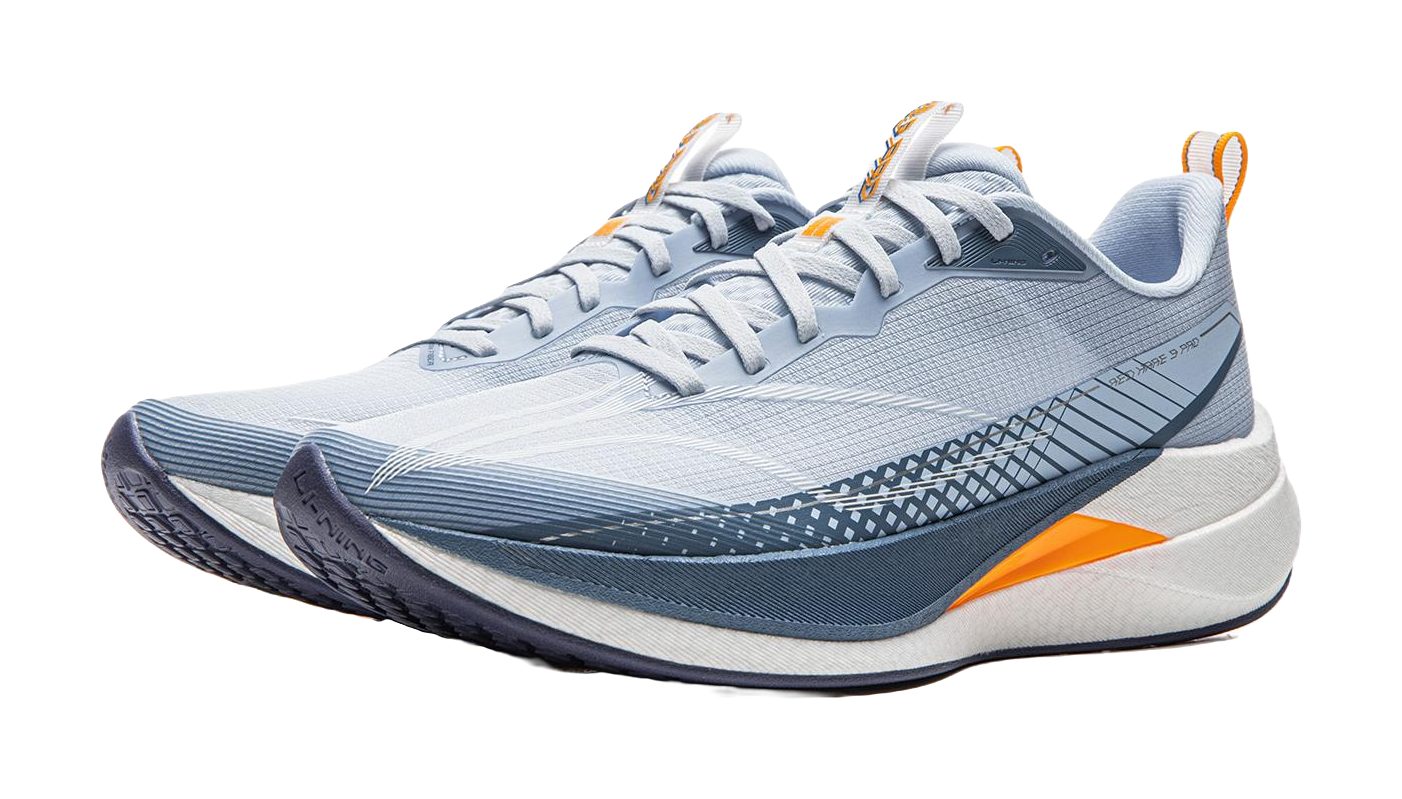 Light blue running shoe angled front with orange panel and textured navy lines