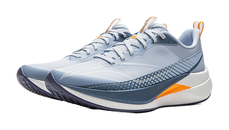 Light blue running shoe angled front with orange panel and textured navy lines
