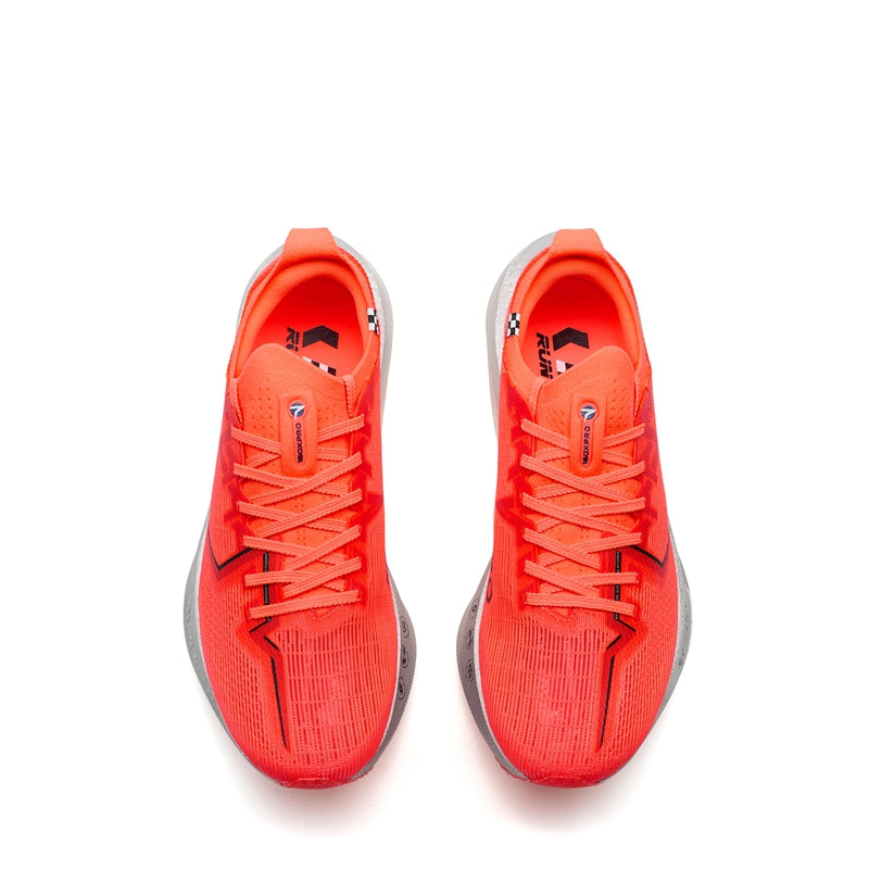 Marathon racing shoe pair showing orange laces and orange mesh upper with grey side panels