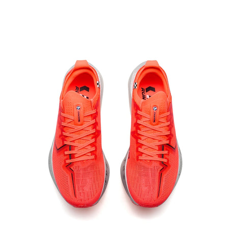 Marathon racing shoe pair showing orange laces and orange mesh upper with grey side panels
