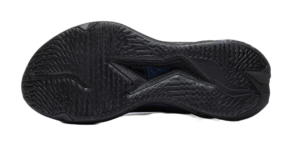 Men's low-top running shoes outsole with textured tread in dark gray and black