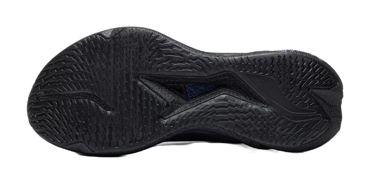 Men's low-top running shoes outsole with textured tread in dark gray and black