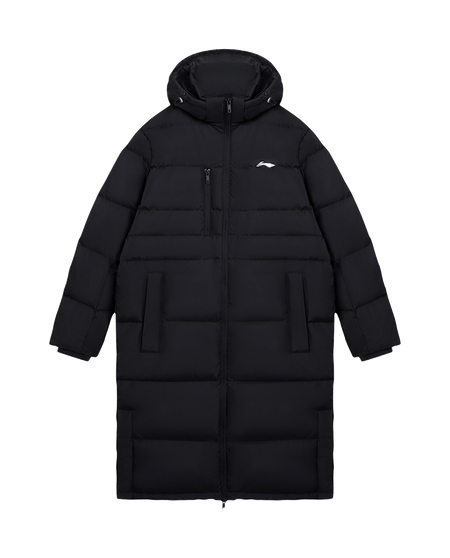 Men's black hooded puffer down jacket with full front zipper and side pockets